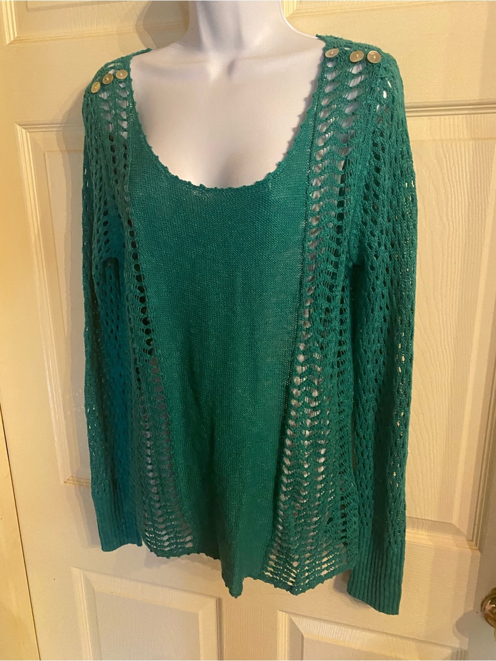 Lucky Brand Teal Open-Knit Scoop-Neck Sweater with Shoulder Buttons